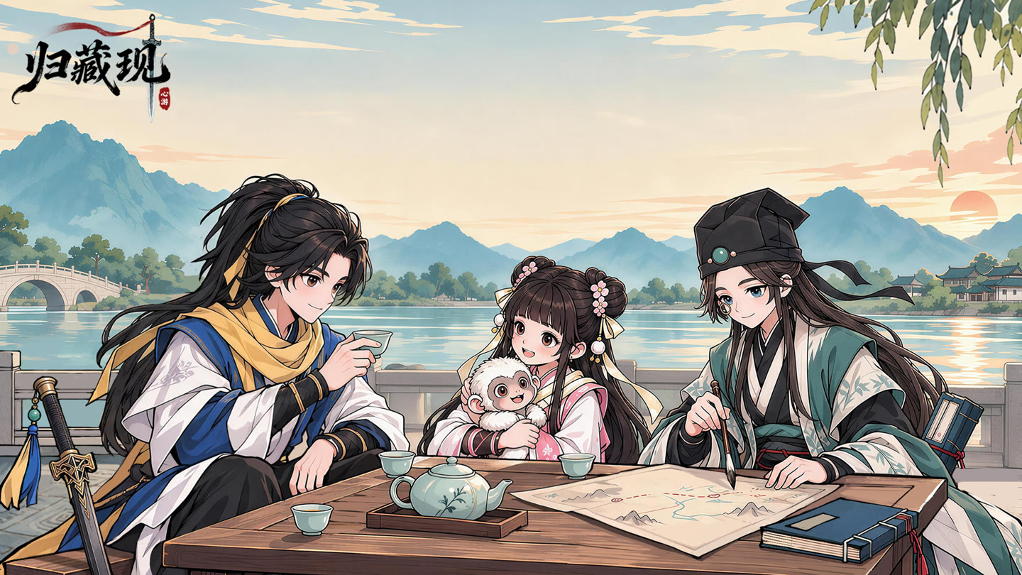 归藏现封面：三位江湖人物在湖畔商议线索